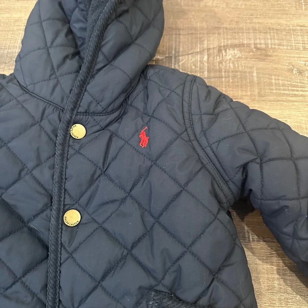 Ralph Lauren Kids Navy‎ Blue Quilted Hooded Bunting Snowsuit Fleece Lined 9M